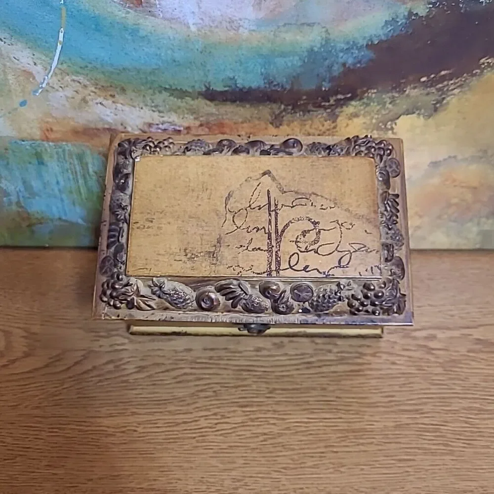 Wooden Jewelry Trinket Box Fruit Design Unmarked Velvet Lined 7x4.5